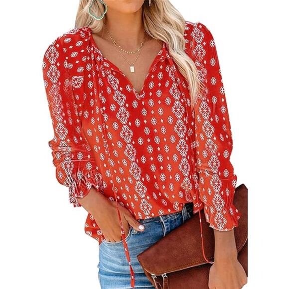 Women's Casual Boho Floral Printed V Neck Tops Drawstring Short Long Sleeve - Picture 6 of 6